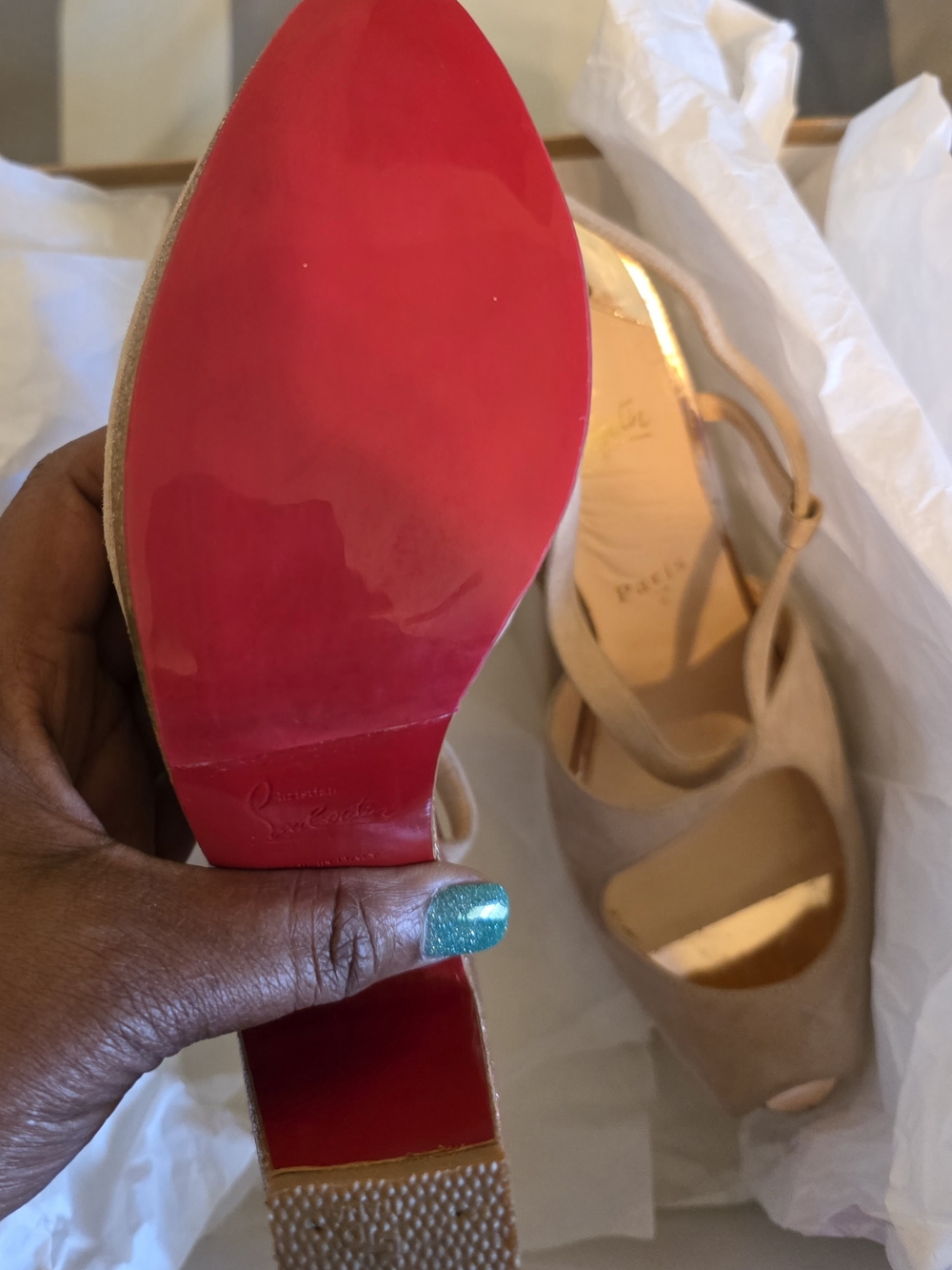 Christian Louboutin Beige Suede Platform Sandals with Red Sole